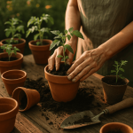 Hands planting a tomato in a terracotta pot under soft sunlight — symbolizing slow, intentional living through gardening.